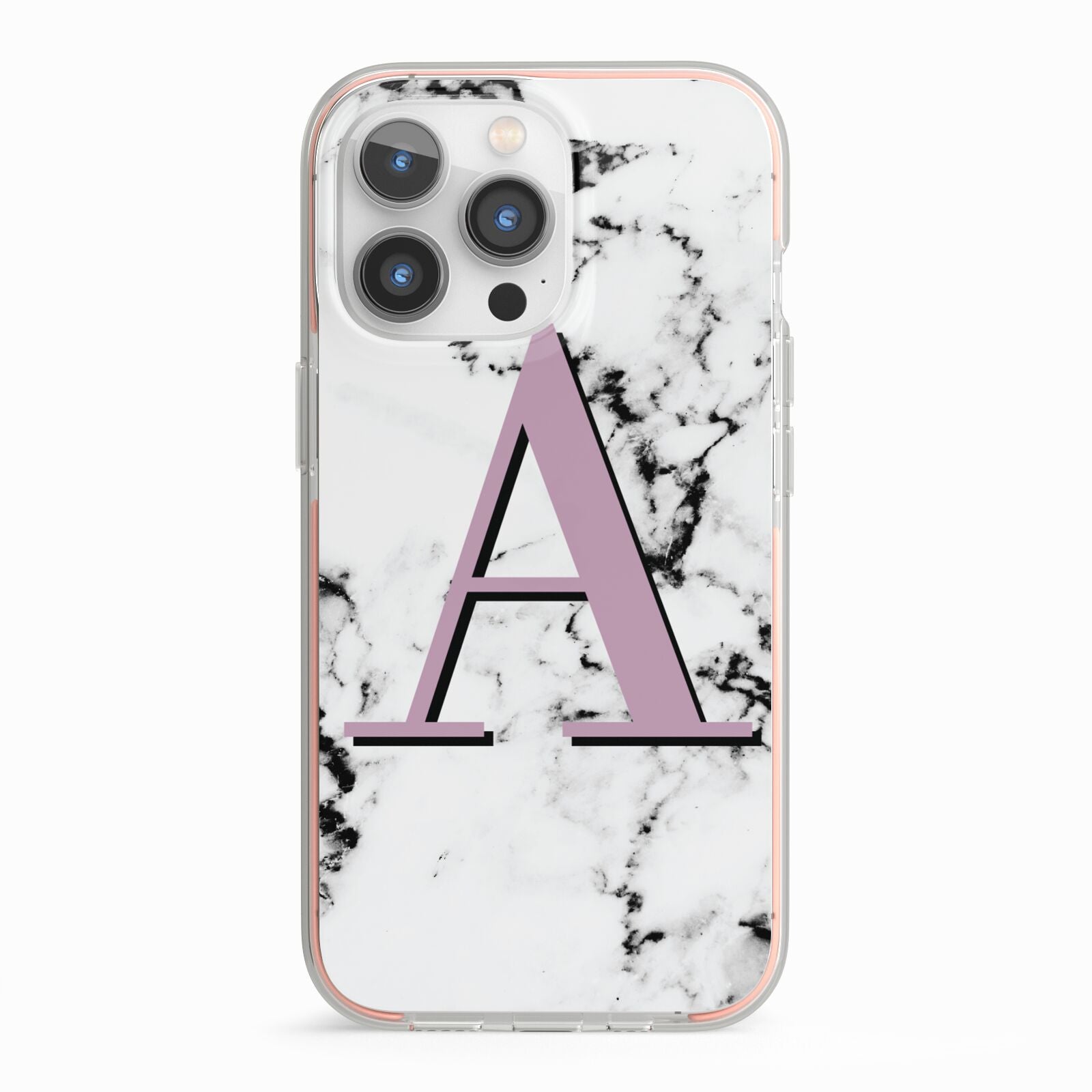 Personalised Purple Single Initial Marble iPhone 13 Pro TPU Impact Case with Pink Edges
