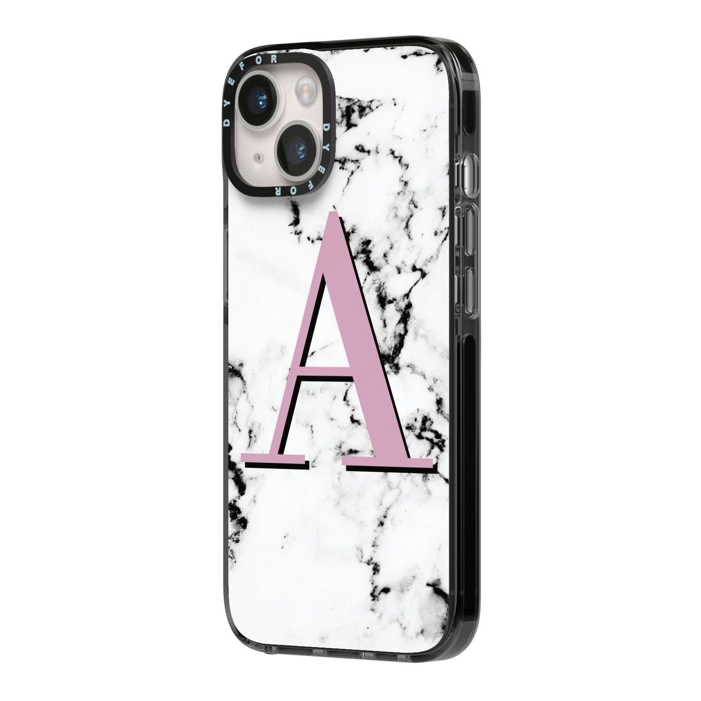 Personalised Purple Single Initial Marble iPhone 14 Black Impact Case Side Angle on Silver phone