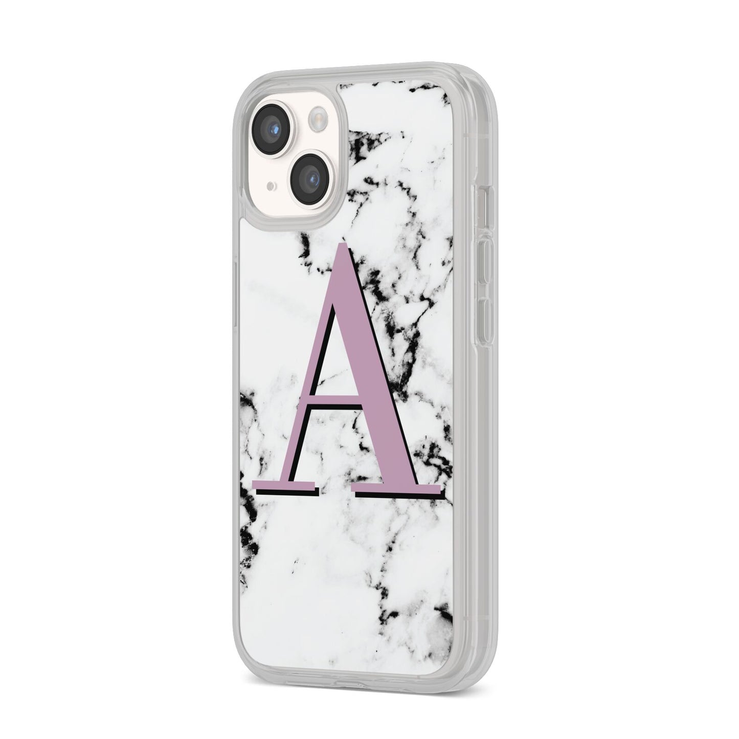 Personalised Purple Single Initial Marble iPhone 14 Clear Tough Case Starlight Angled Image
