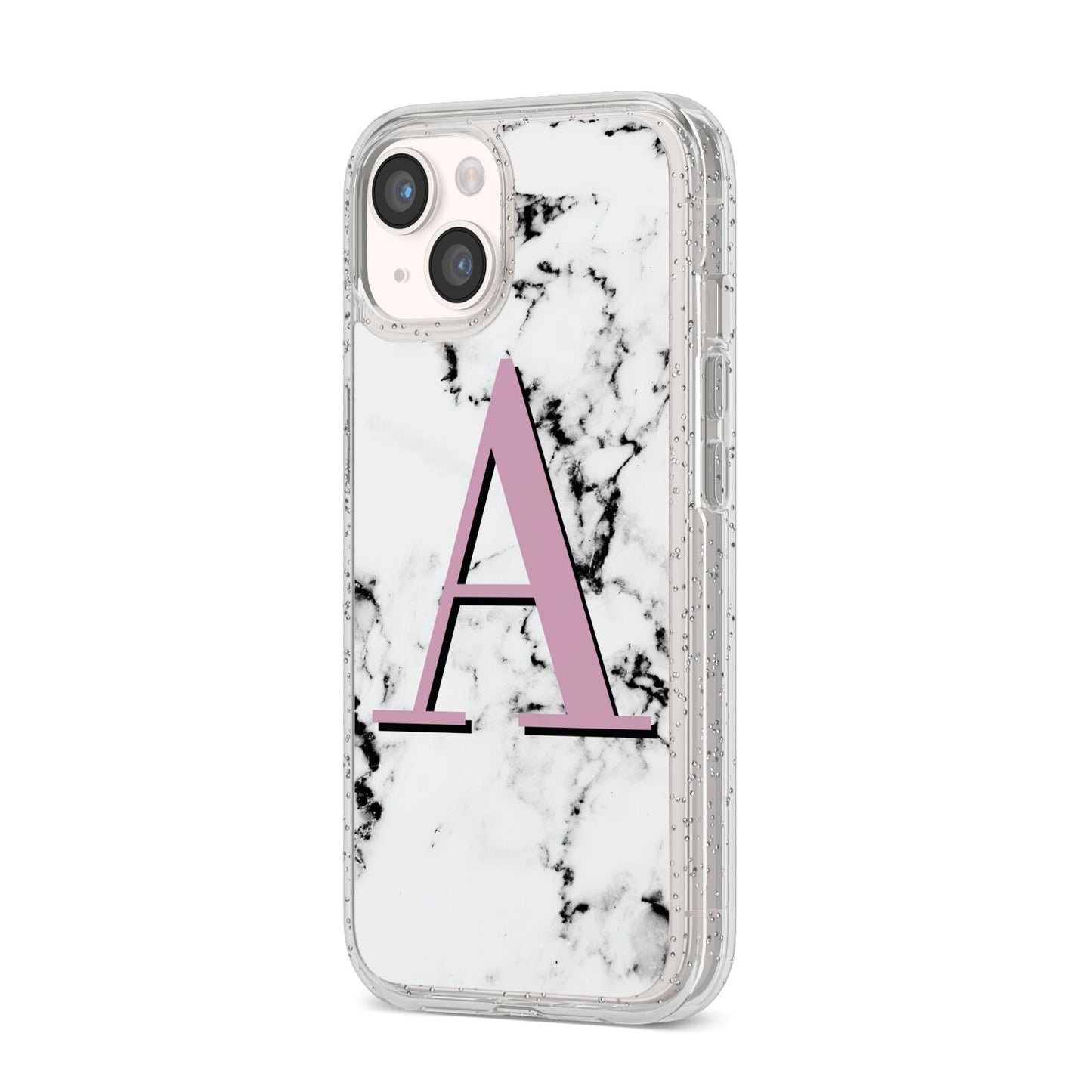 Personalised Purple Single Initial Marble iPhone 14 Glitter Tough Case Starlight Angled Image