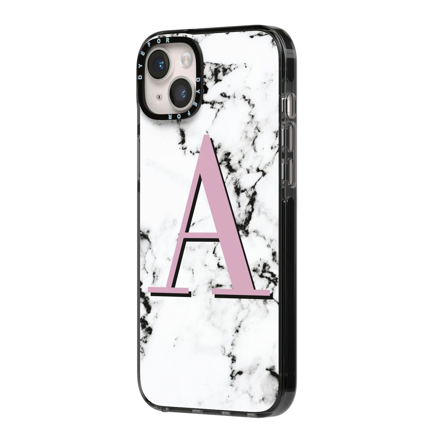 Personalised Purple Single Initial Marble iPhone 14 Plus Black Impact Case Side Angle on Silver phone