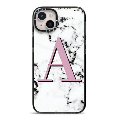 Personalised Purple Single Initial Marble iPhone 14 Plus Black Impact Case on Silver phone