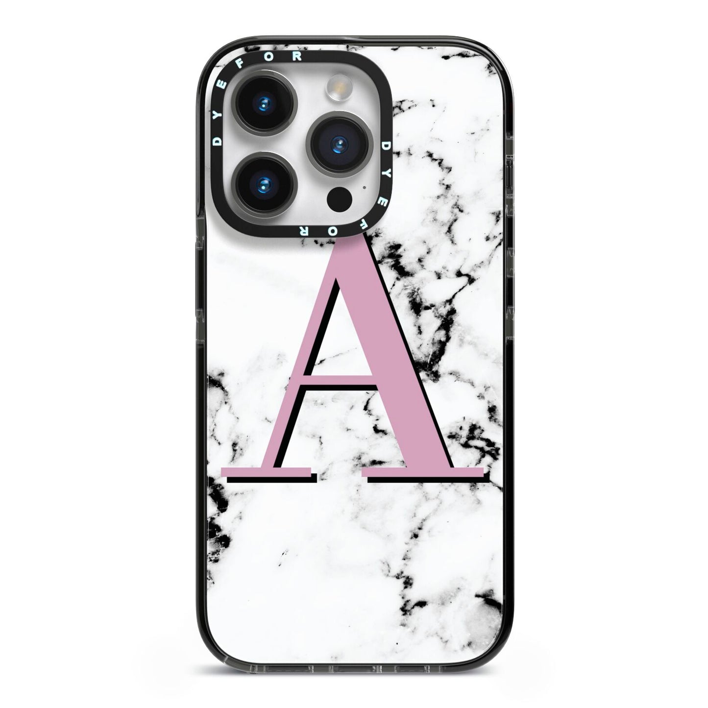 Personalised Purple Single Initial Marble iPhone 14 Pro Black Impact Case on Silver phone