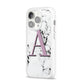 Personalised Purple Single Initial Marble iPhone 14 Pro Clear Tough Case Silver Angled Image