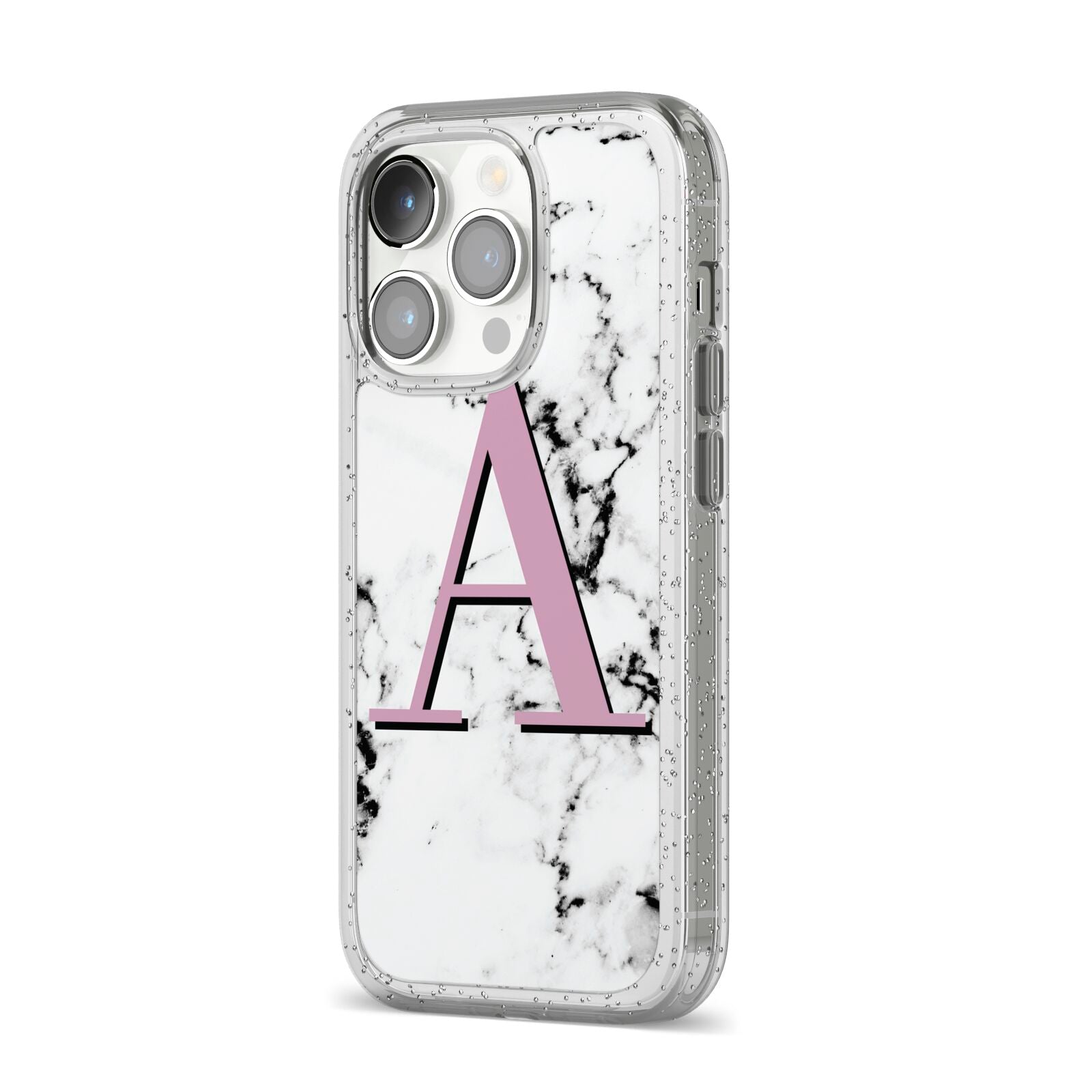 Personalised Purple Single Initial Marble iPhone 14 Pro Glitter Tough Case Silver Angled Image