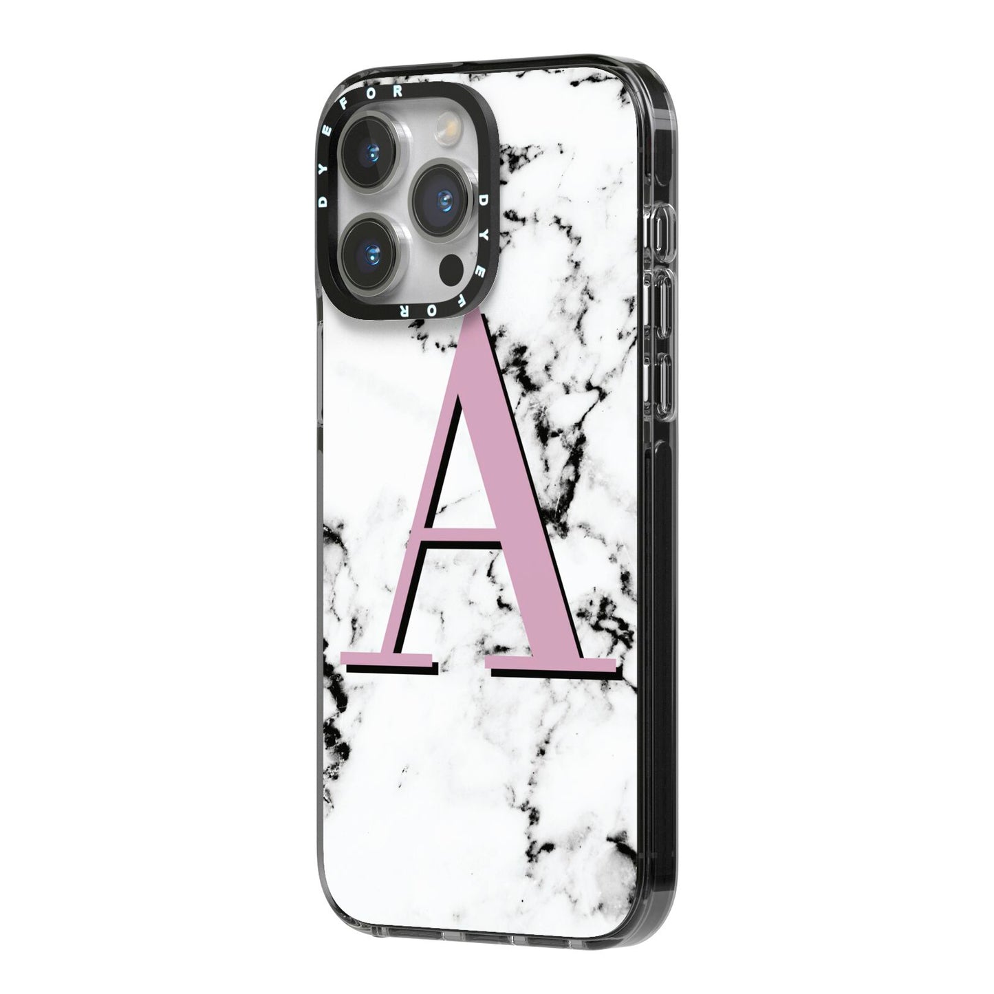 Personalised Purple Single Initial Marble iPhone 14 Pro Max Black Impact Case Side Angle on Silver phone