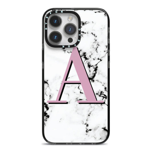 Personalised Purple Single Initial Marble iPhone 14 Pro Max Black Impact Case on Silver phone