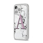 Personalised Purple Single Initial Marble iPhone 14 Pro Max Clear Tough Case Silver Angled Image