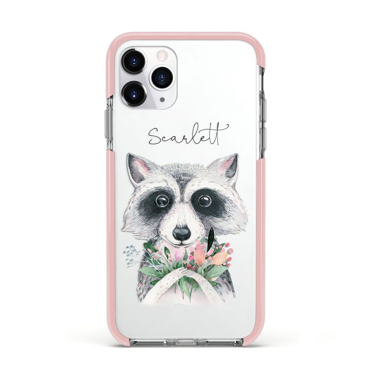 Personalised Raccoon Apple iPhone 11 Pro in Silver with Pink Impact Case