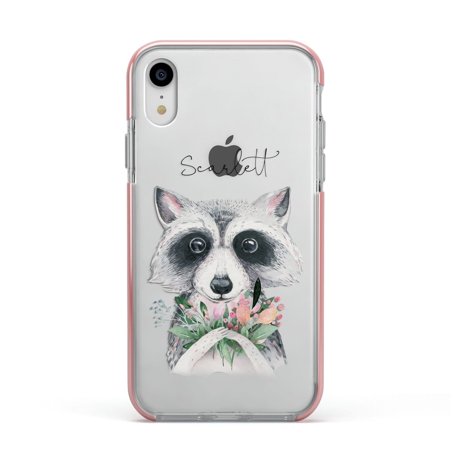 Personalised Raccoon Apple iPhone XR Impact Case Pink Edge on Silver Phone