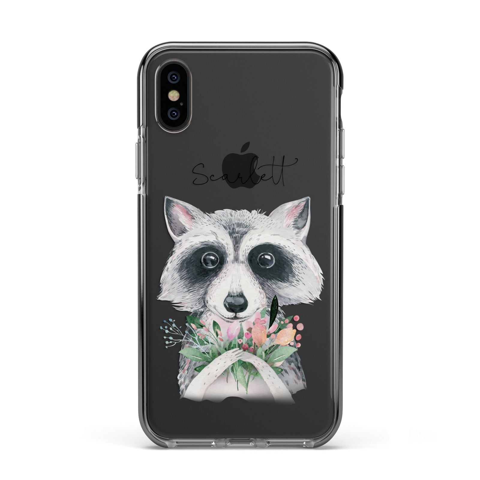 Personalised Raccoon Apple iPhone Xs Impact Case Black Edge on Black Phone