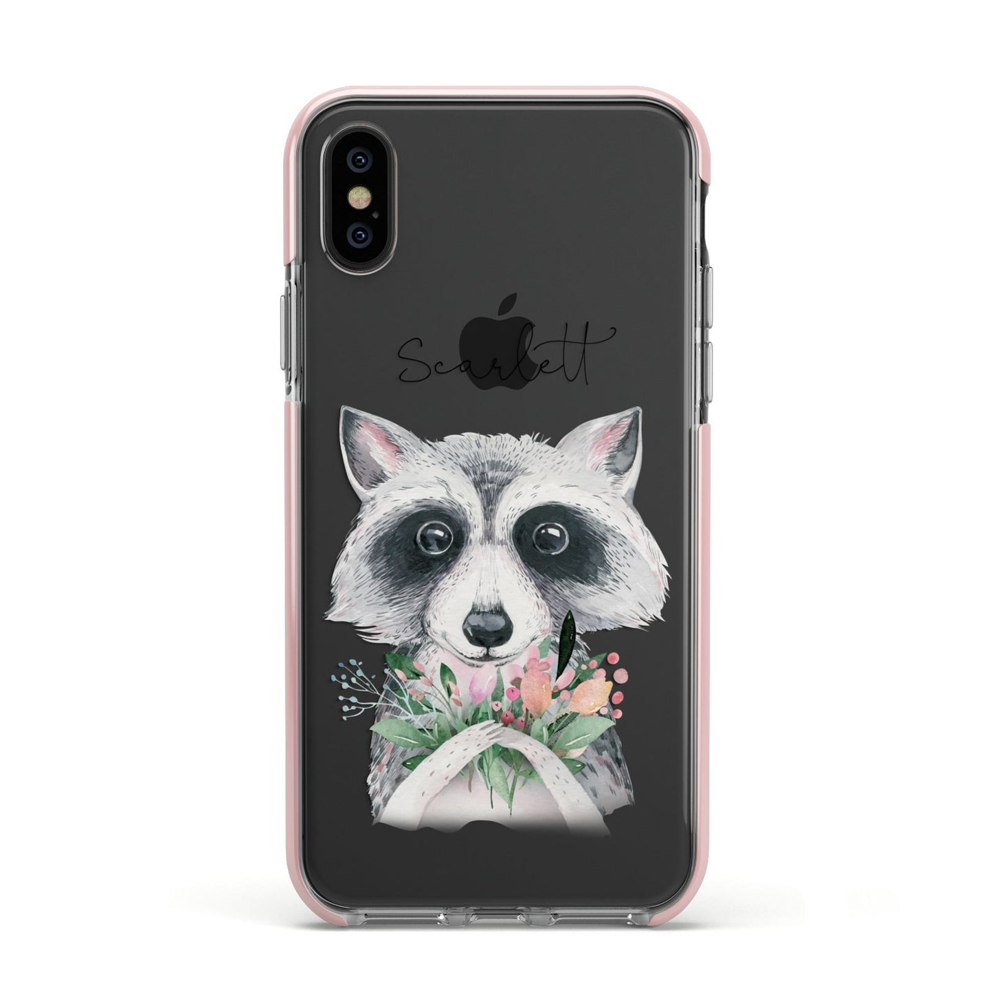 Personalised Raccoon Apple iPhone Xs Impact Case Pink Edge on Black Phone