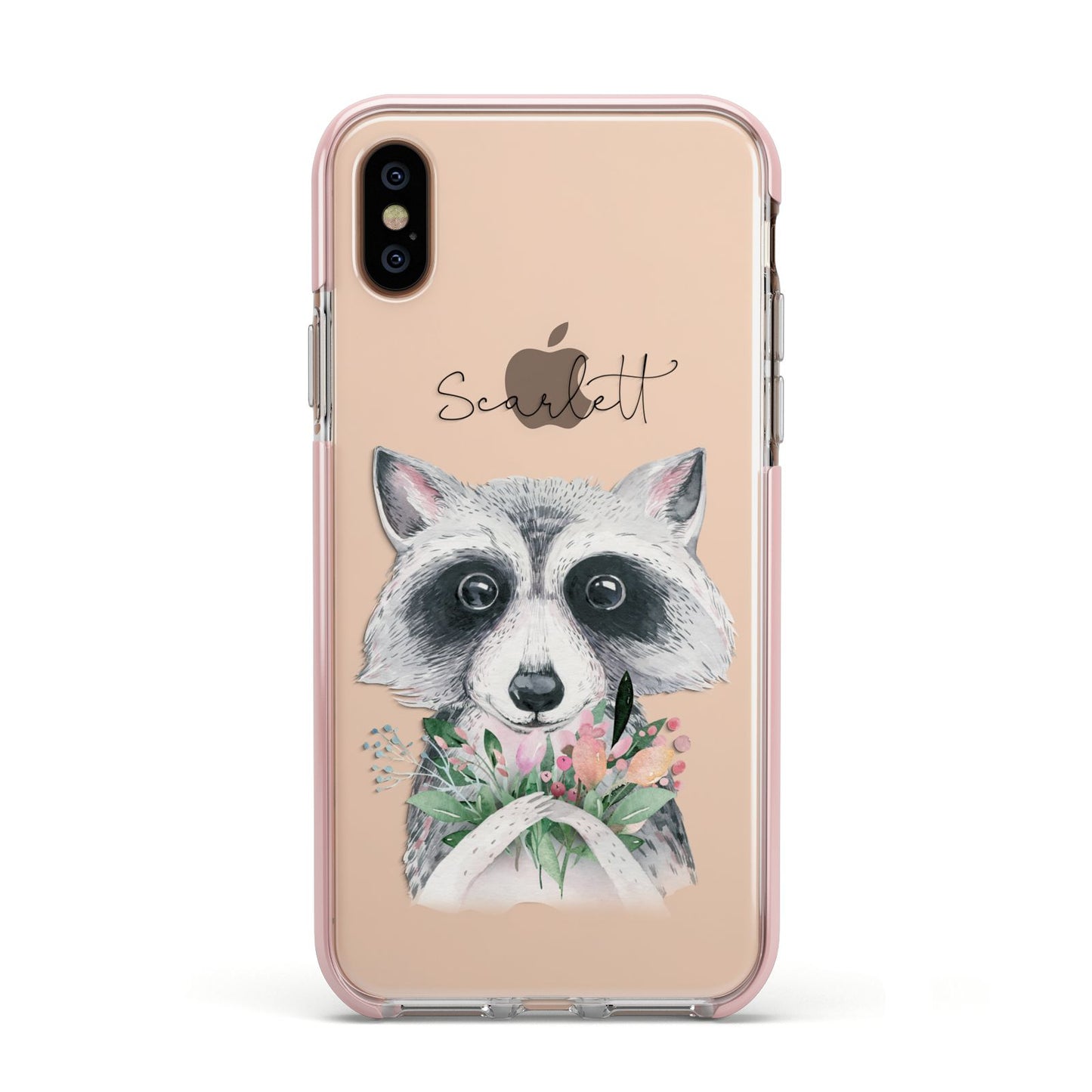 Personalised Raccoon Apple iPhone Xs Impact Case Pink Edge on Gold Phone