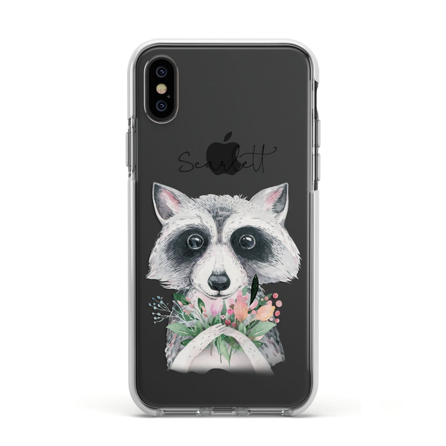 Personalised Raccoon Apple iPhone Xs Impact Case White Edge on Black Phone
