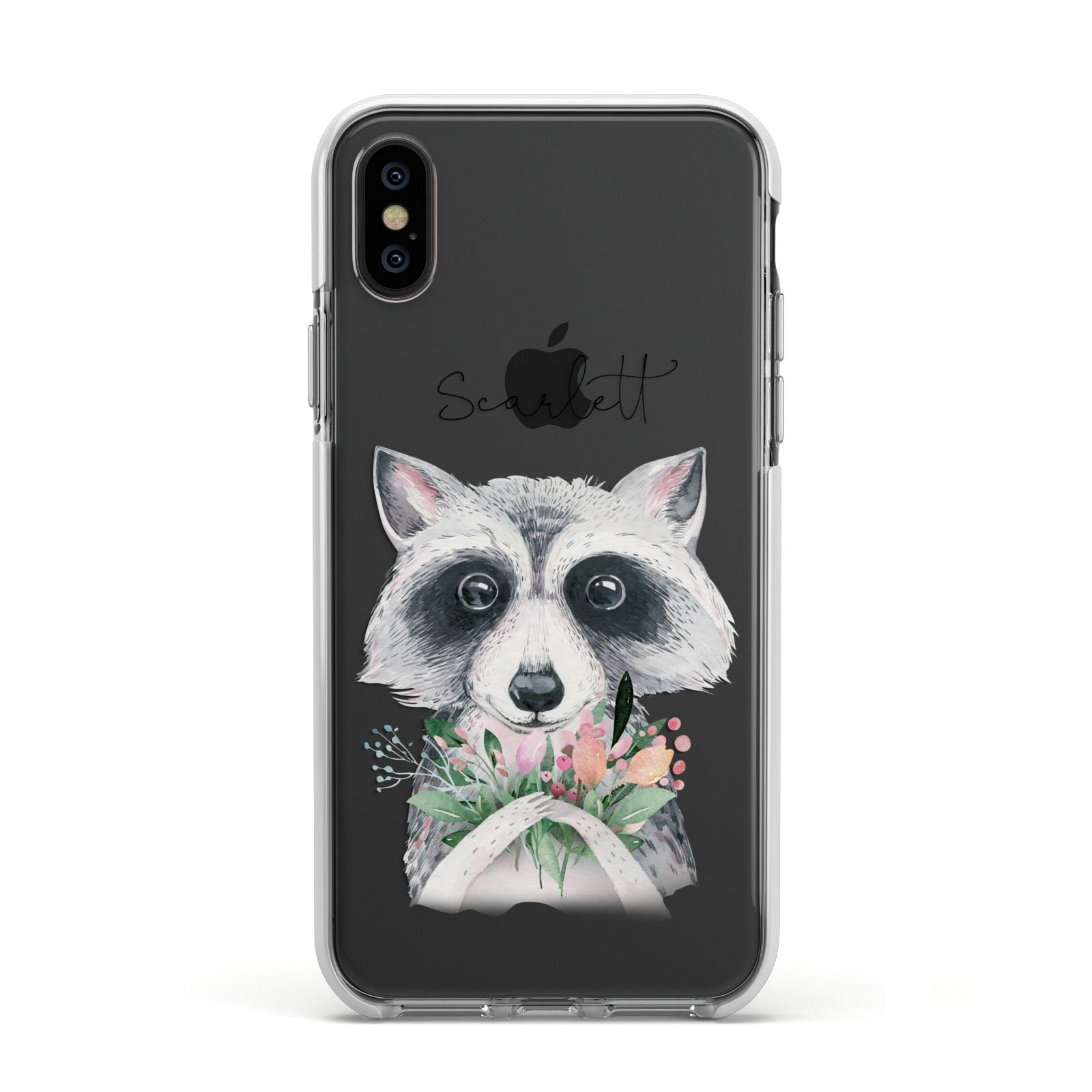 Personalised Raccoon Apple iPhone Xs Impact Case White Edge on Black Phone