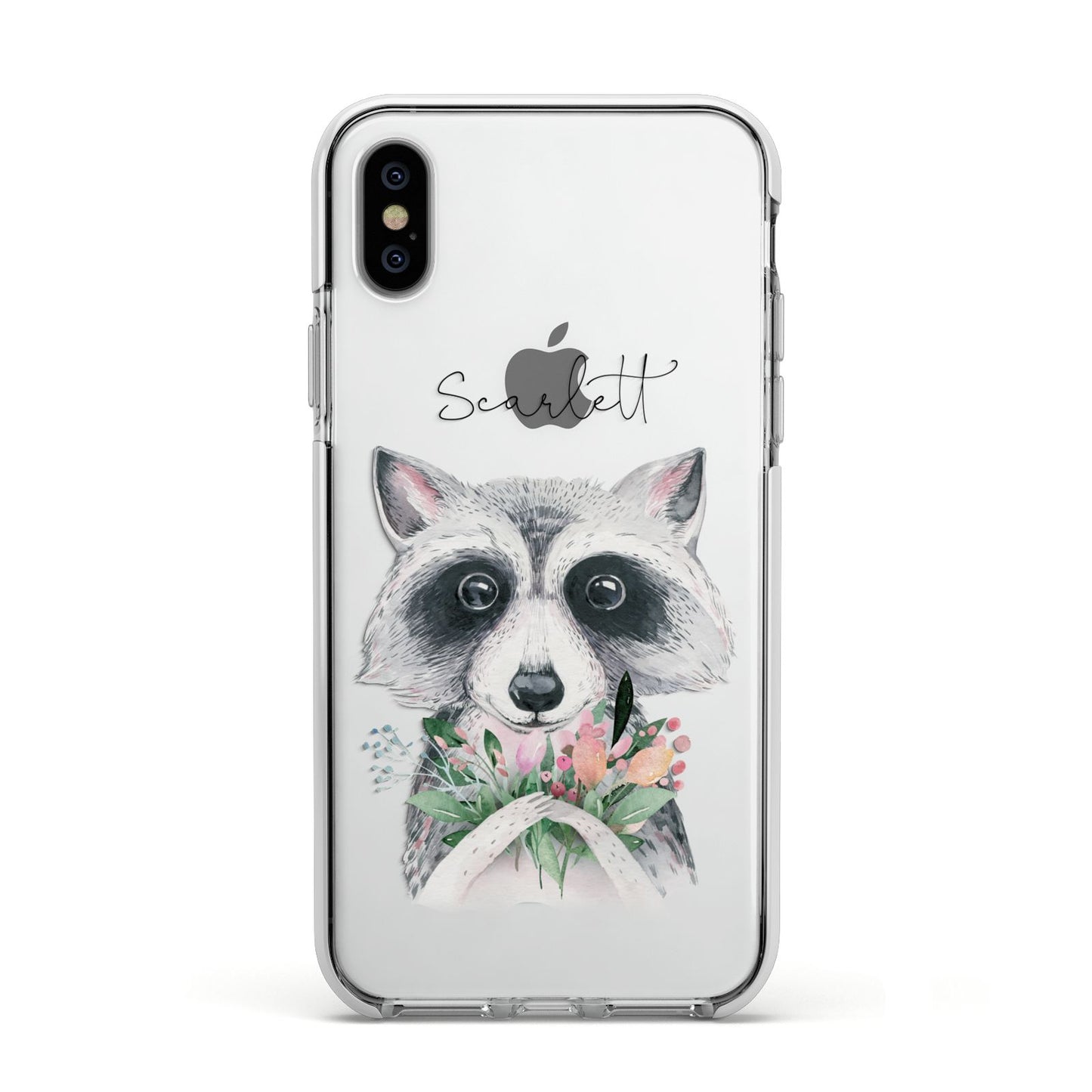 Personalised Raccoon Apple iPhone Xs Impact Case White Edge on Silver Phone