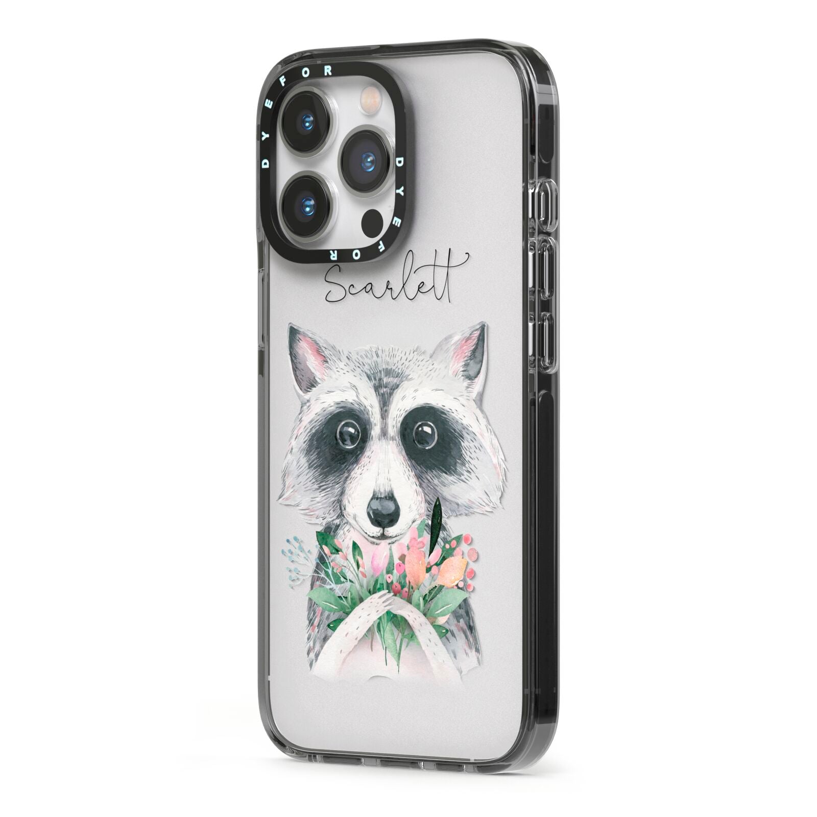 Personalised Raccoon iPhone 13 Pro Black Impact Case Side Angle on Silver phone