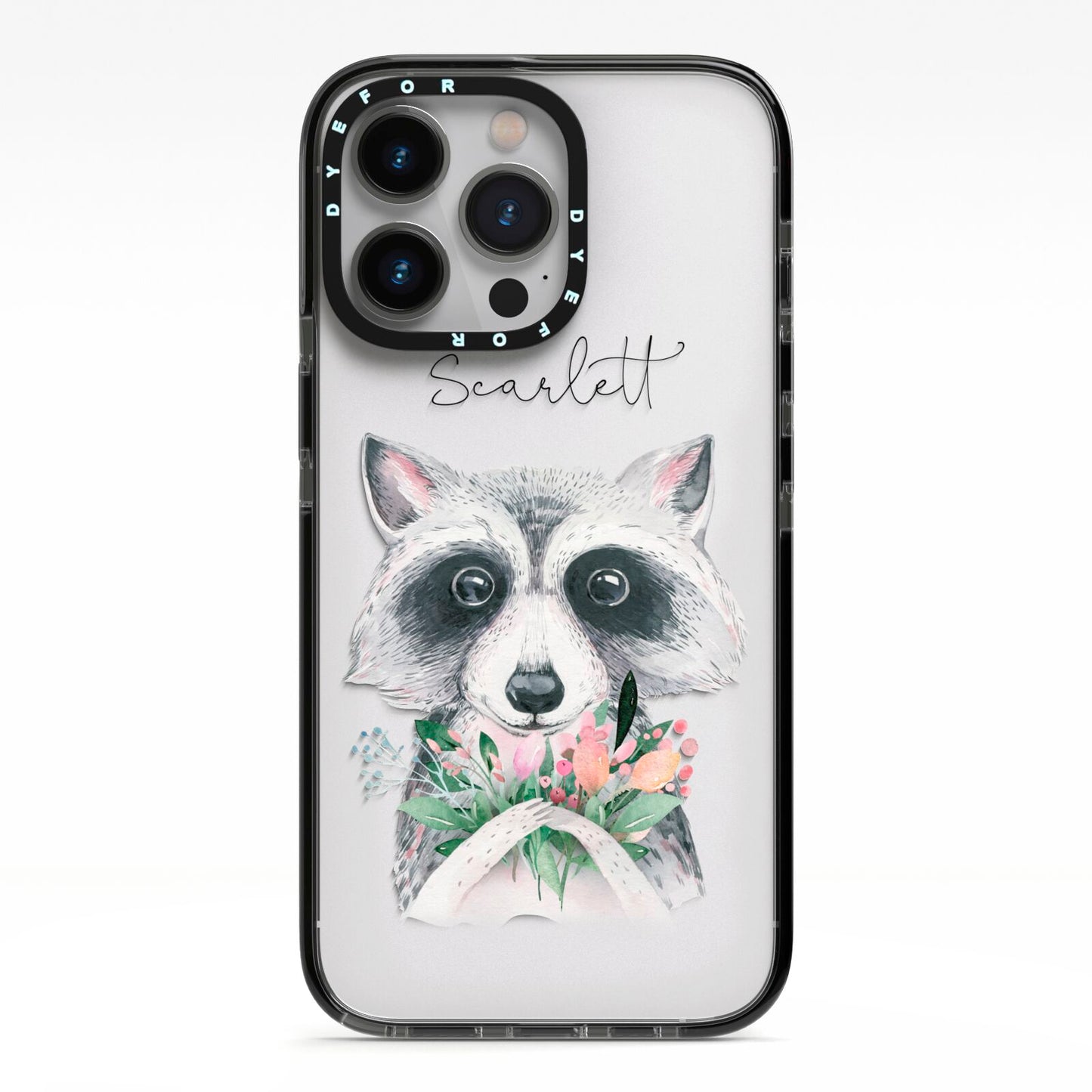 Personalised Raccoon iPhone 13 Pro Black Impact Case on Silver phone