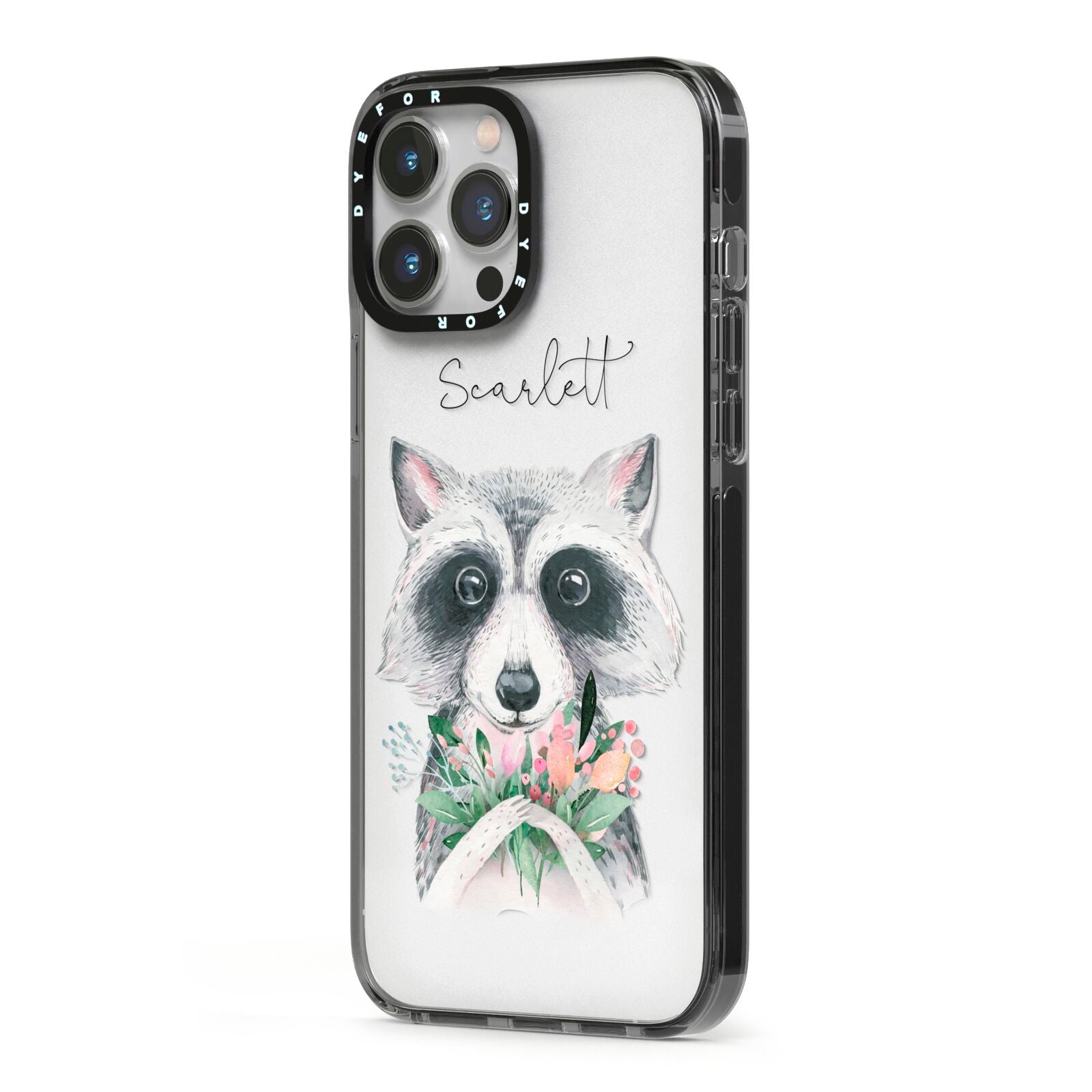 Personalised Raccoon iPhone 13 Pro Max Black Impact Case Side Angle on Silver phone
