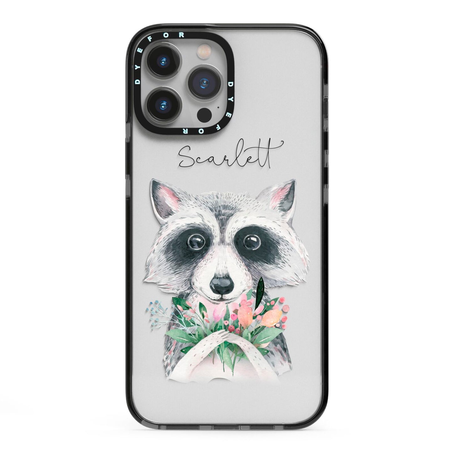 Personalised Raccoon iPhone 13 Pro Max Black Impact Case on Silver phone
