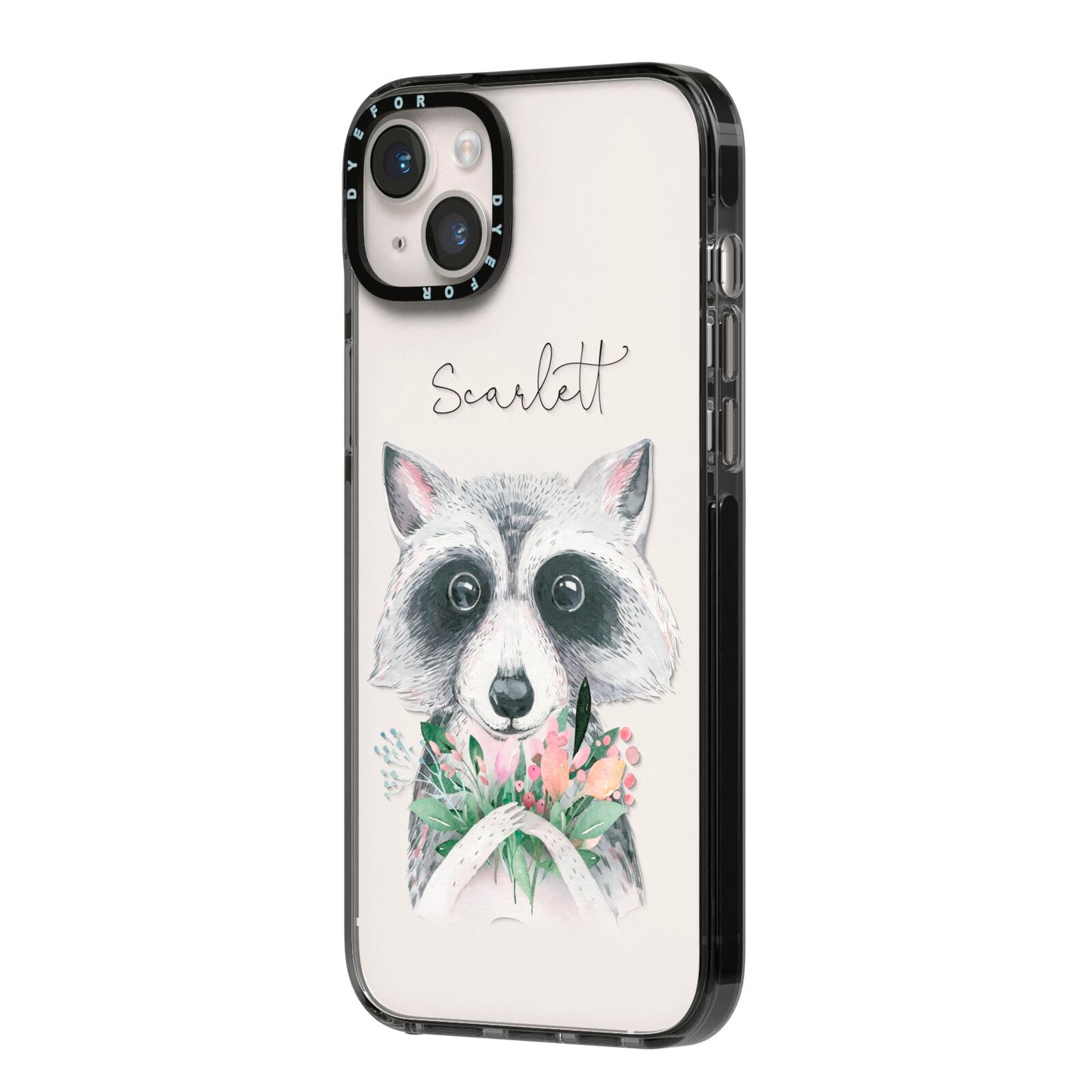 Personalised Raccoon iPhone 14 Plus Black Impact Case Side Angle on Silver phone