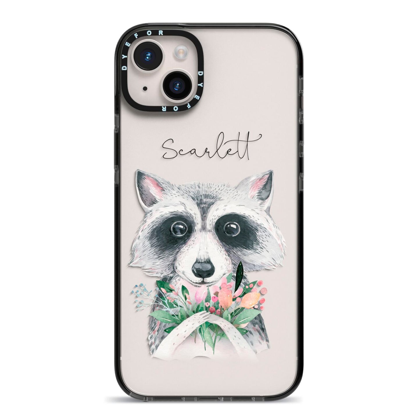 Personalised Raccoon iPhone 14 Plus Black Impact Case on Silver phone
