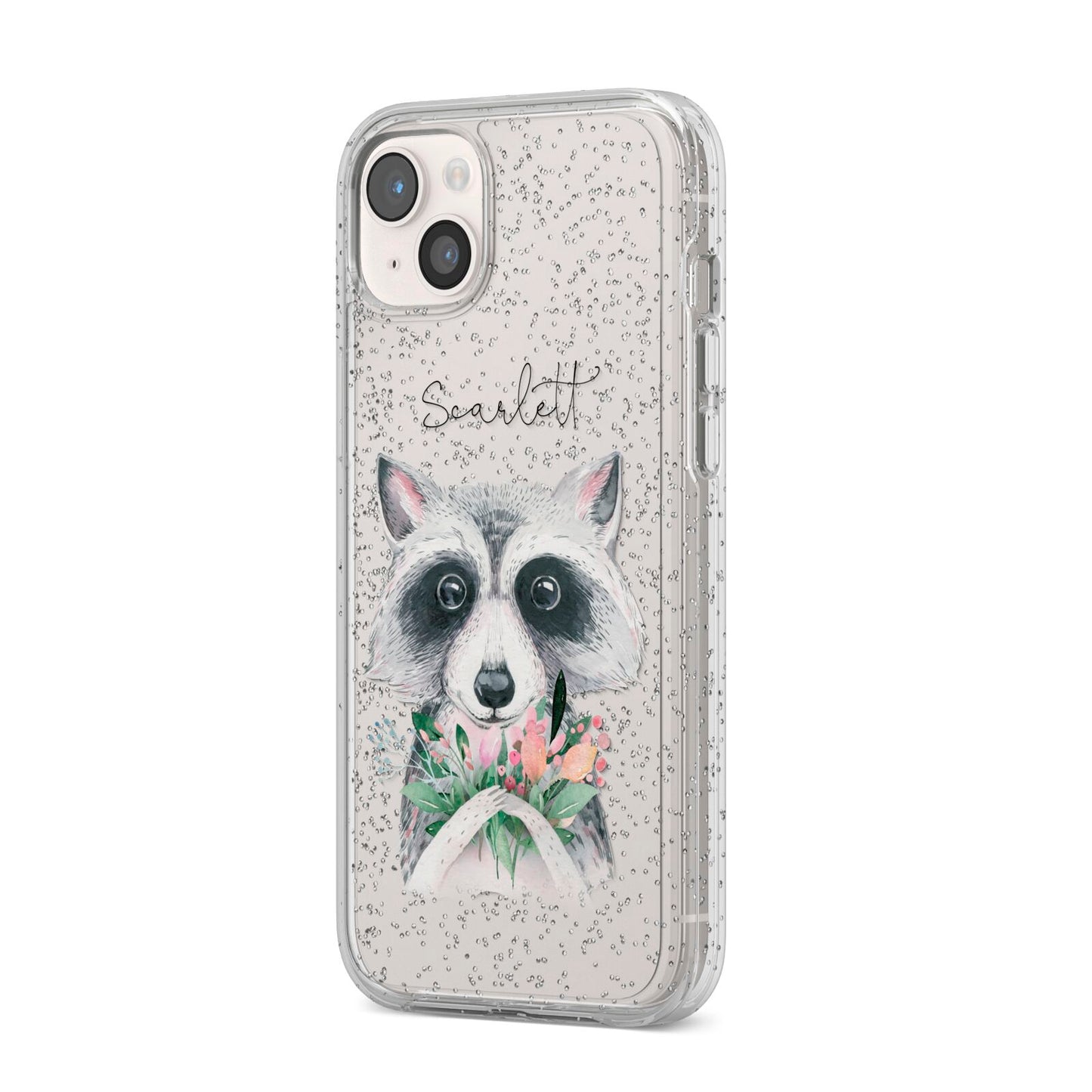 Personalised Raccoon iPhone 14 Plus Glitter Tough Case Starlight Angled Image