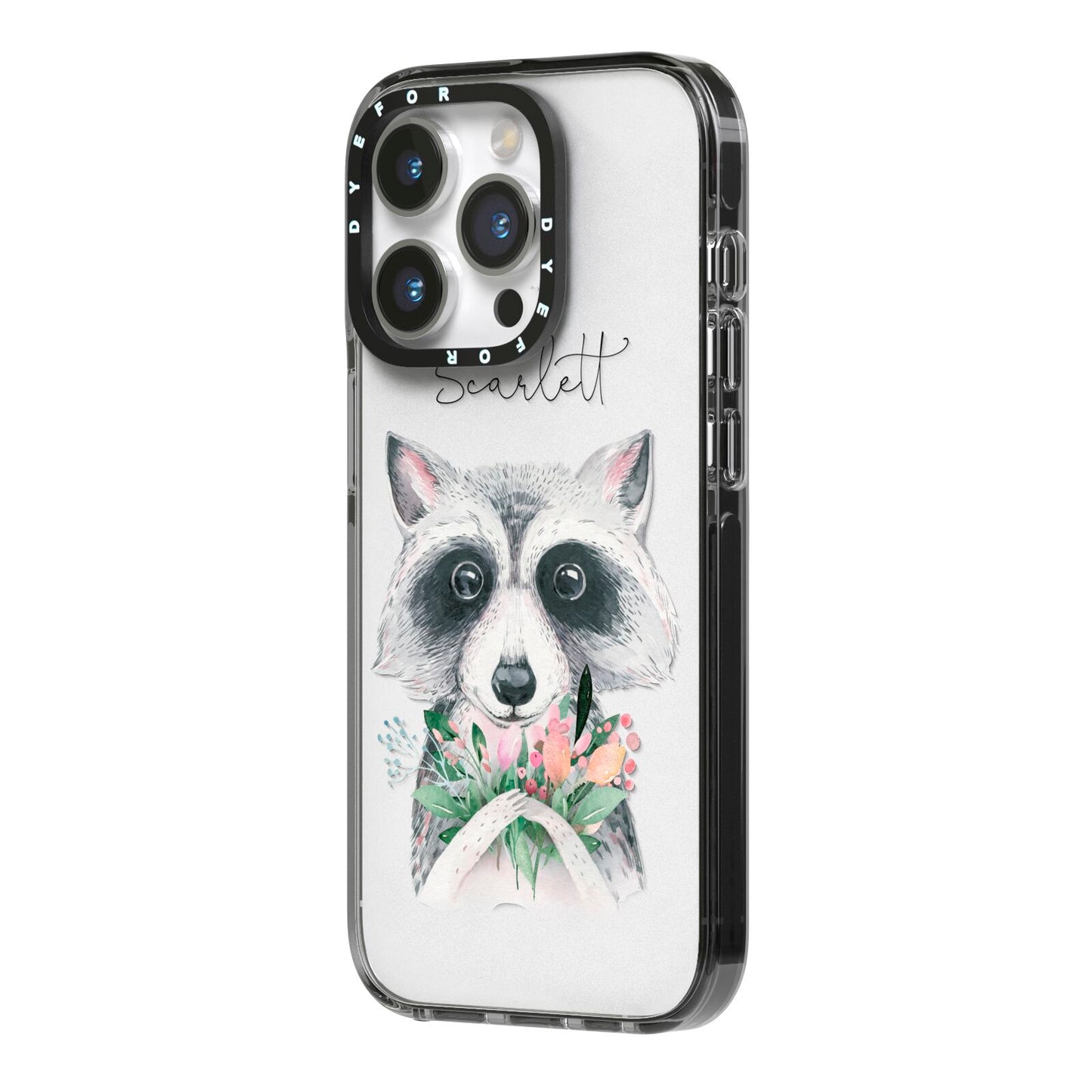 Personalised Raccoon iPhone 14 Pro Black Impact Case Side Angle on Silver phone