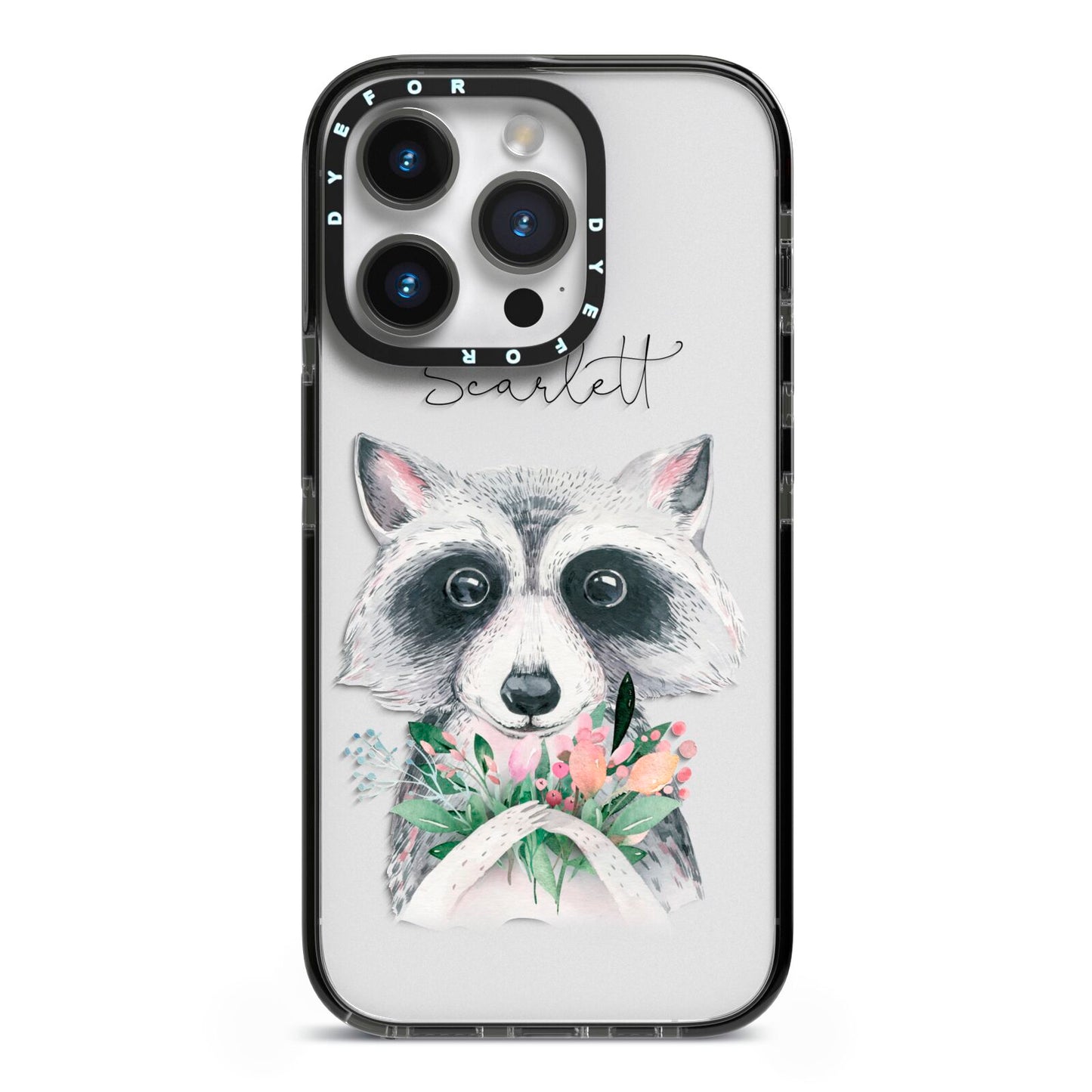 Personalised Raccoon iPhone 14 Pro Black Impact Case on Silver phone