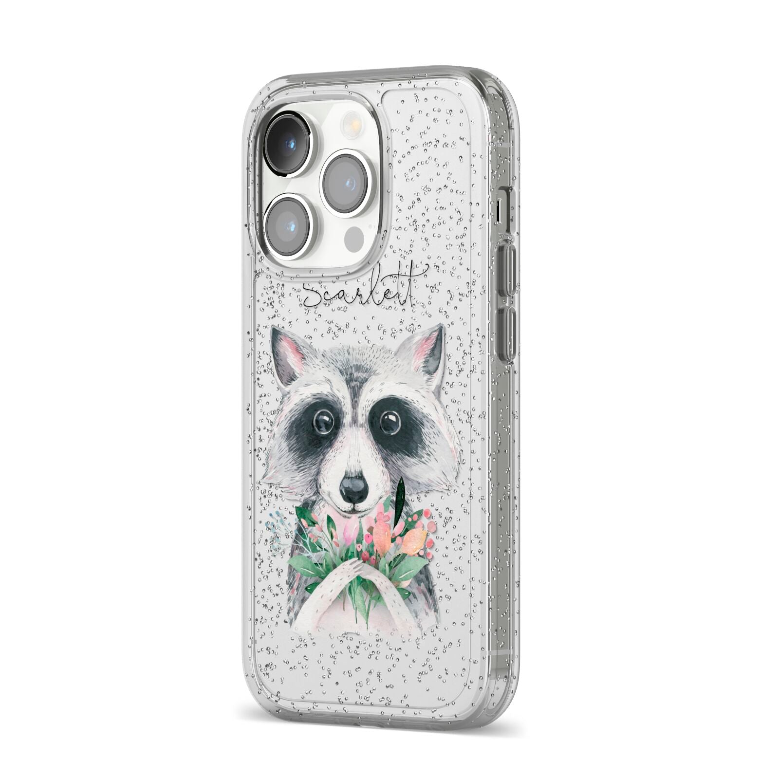 Personalised Raccoon iPhone 14 Pro Glitter Tough Case Silver Angled Image