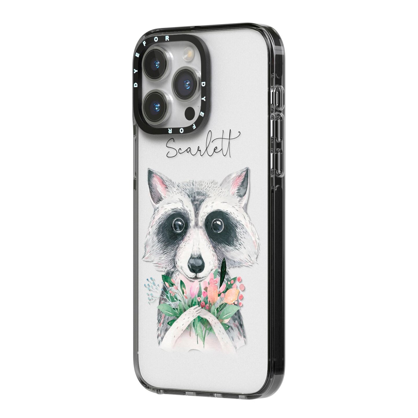 Personalised Raccoon iPhone 14 Pro Max Black Impact Case Side Angle on Silver phone