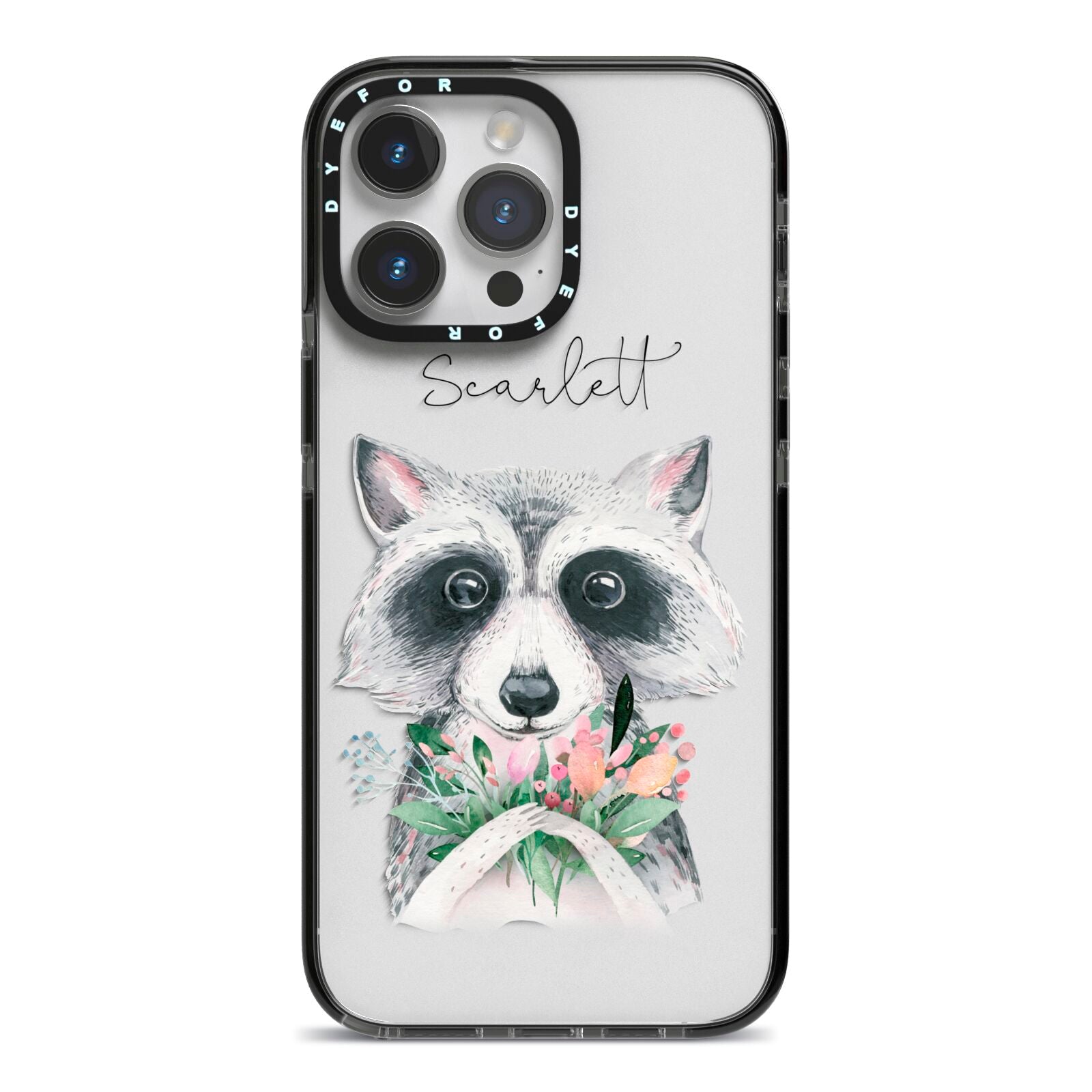 Personalised Raccoon iPhone 14 Pro Max Black Impact Case on Silver phone