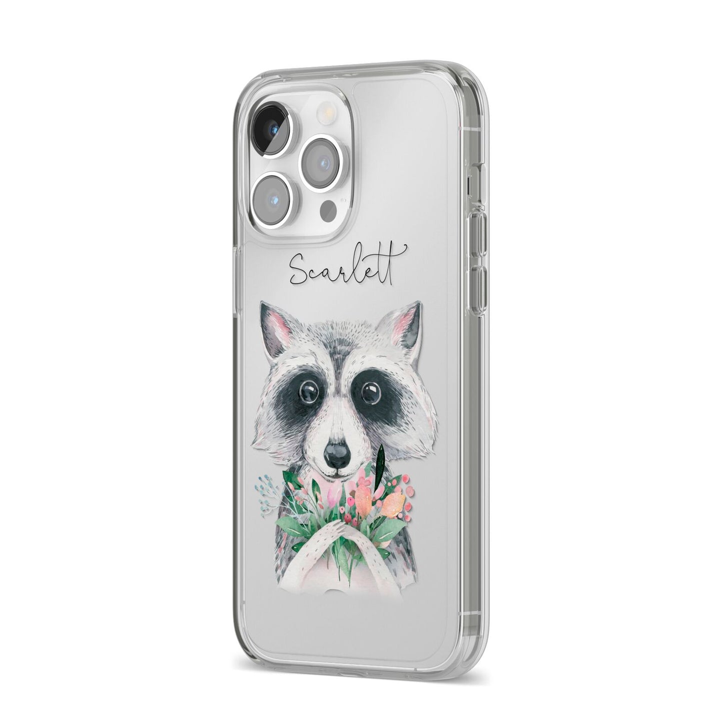 Personalised Raccoon iPhone 14 Pro Max Clear Tough Case Silver Angled Image