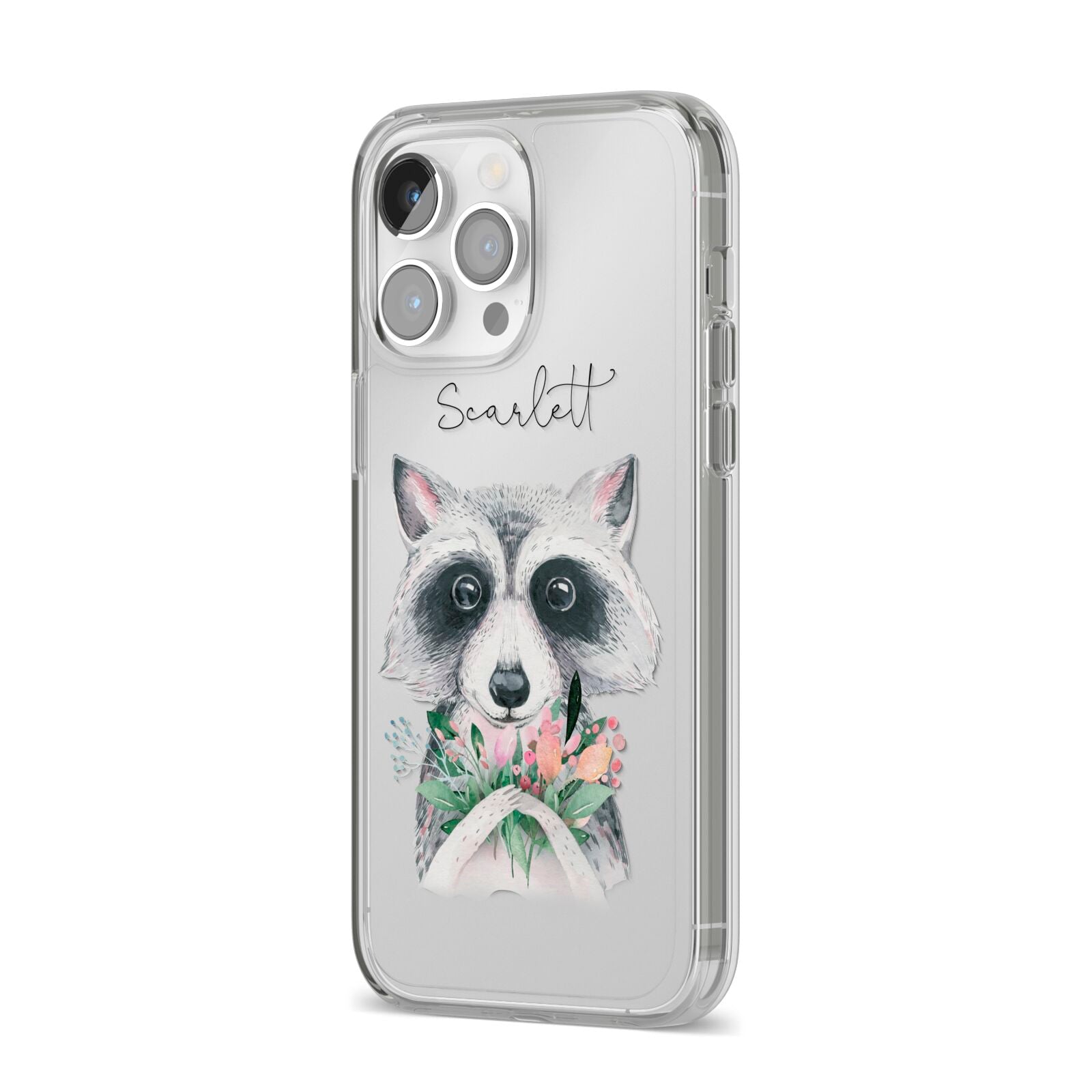 Personalised Raccoon iPhone 14 Pro Max Clear Tough Case Silver Angled Image
