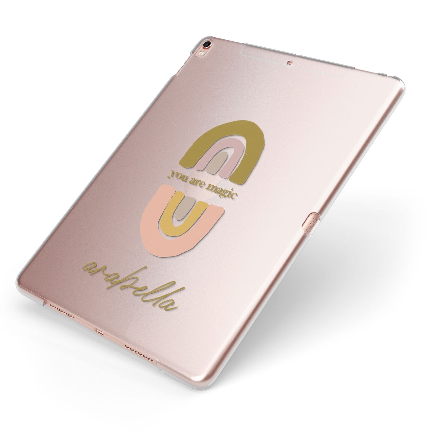 Personalised Rainbow Magic Apple iPad Case on Rose Gold iPad Side View
