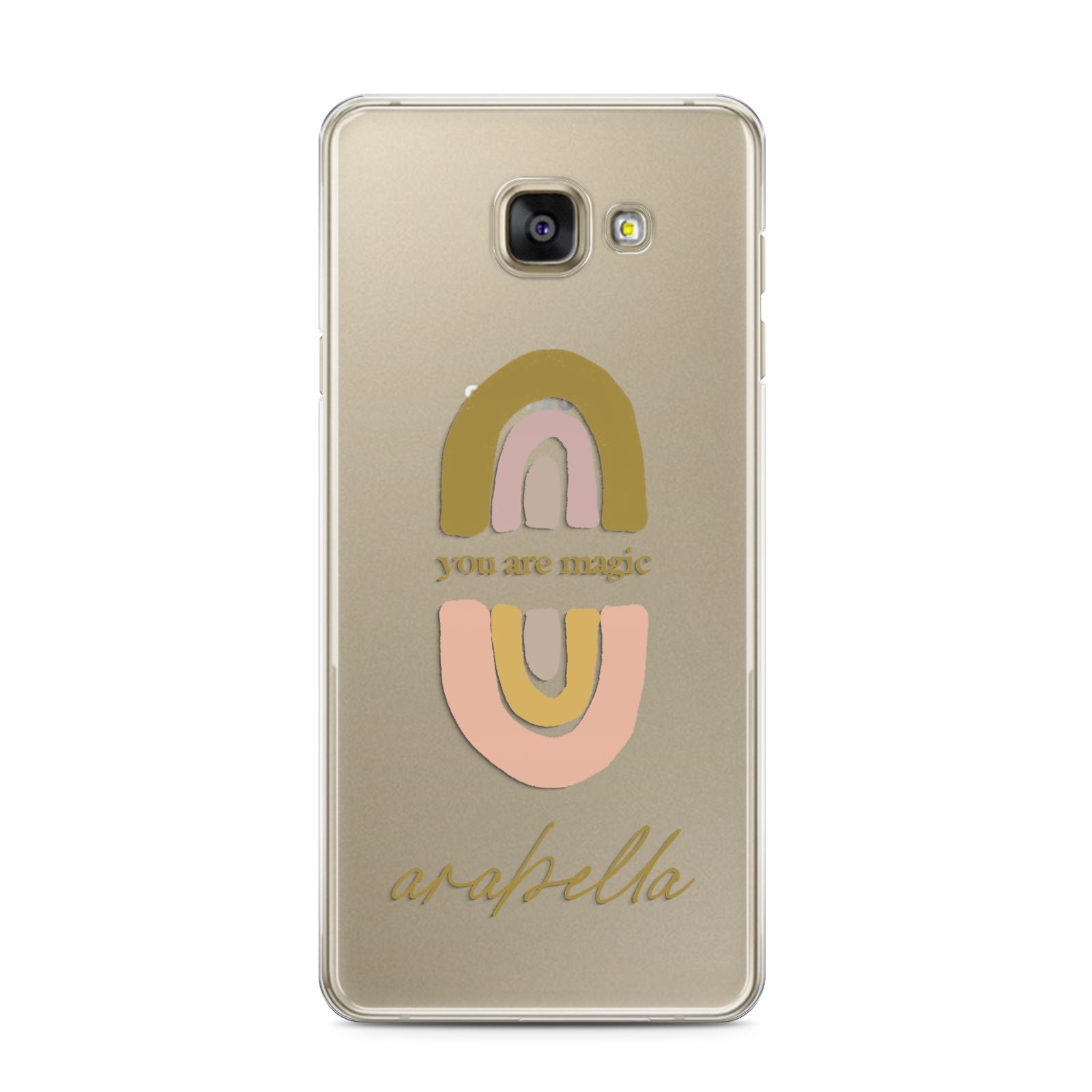 Personalised Rainbow Magic Samsung Galaxy A3 2016 Case on gold phone