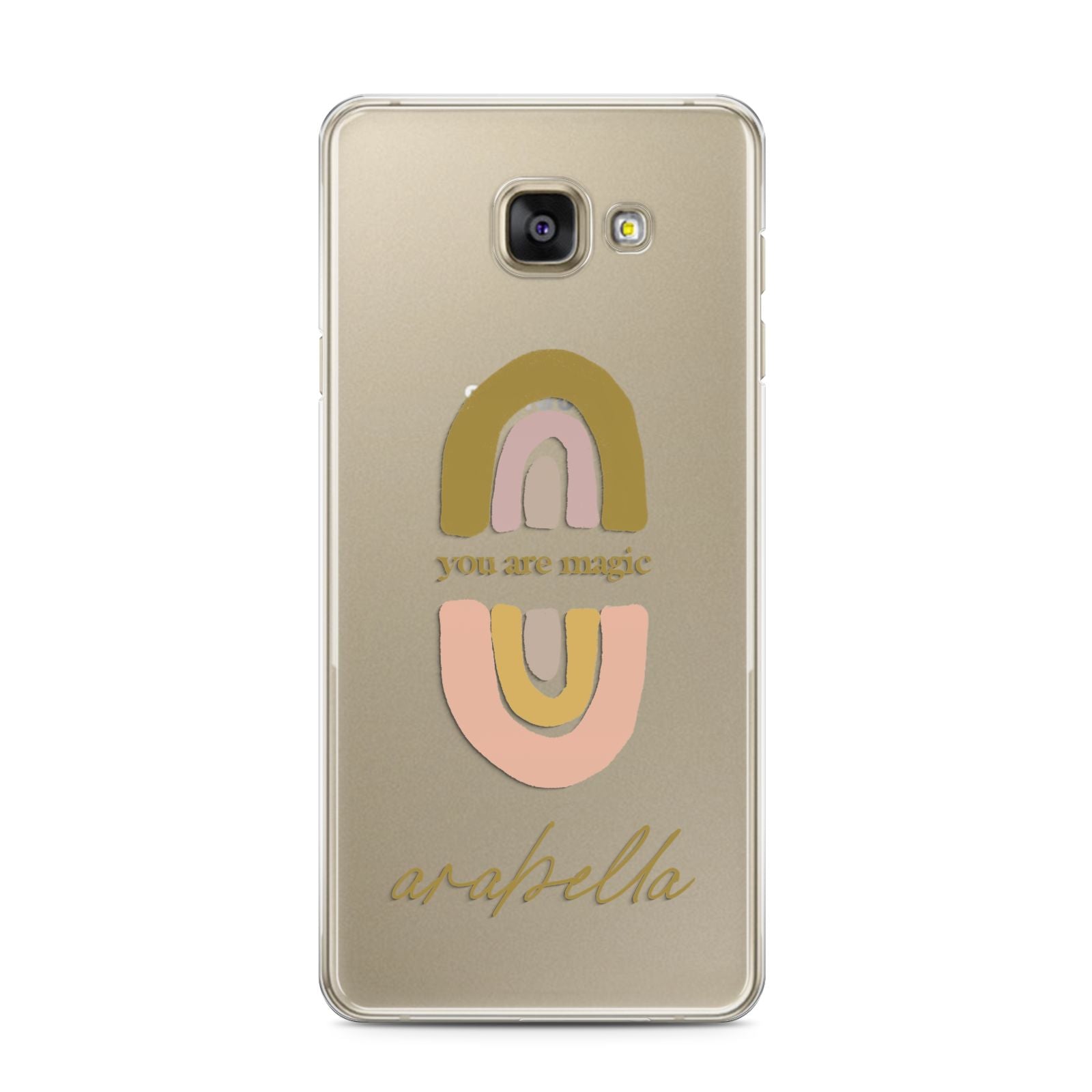 Personalised Rainbow Magic Samsung Galaxy A3 2016 Case on gold phone
