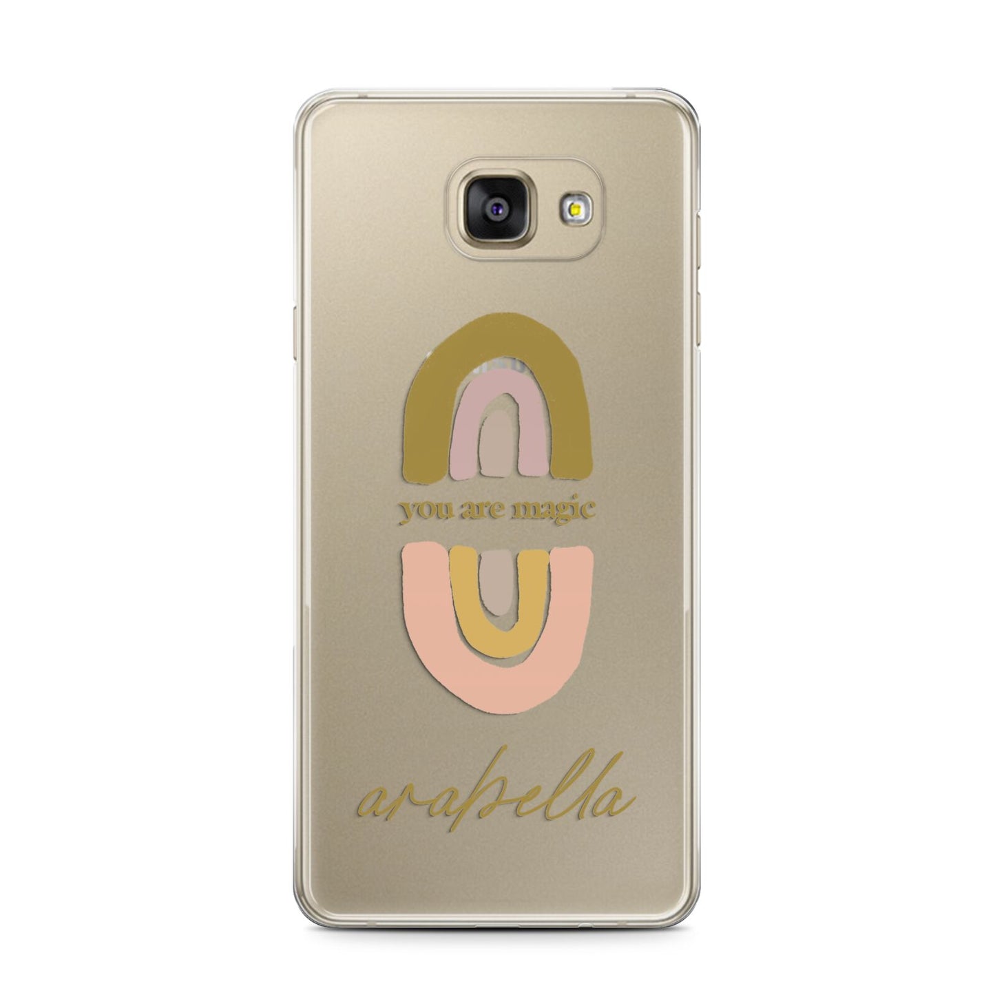 Personalised Rainbow Magic Samsung Galaxy A7 2016 Case on gold phone
