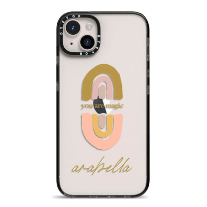 Personalised Rainbow Magic iPhone 14 Plus Black Impact Case on Silver phone