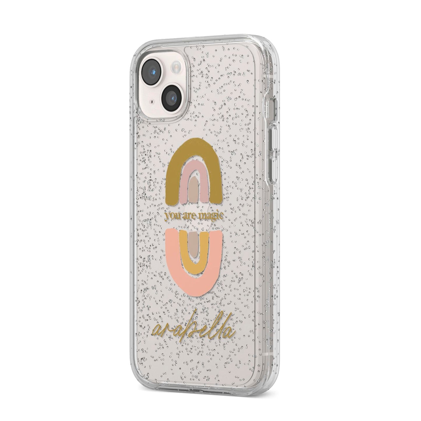 Personalised Rainbow Magic iPhone 14 Plus Glitter Tough Case Starlight Angled Image