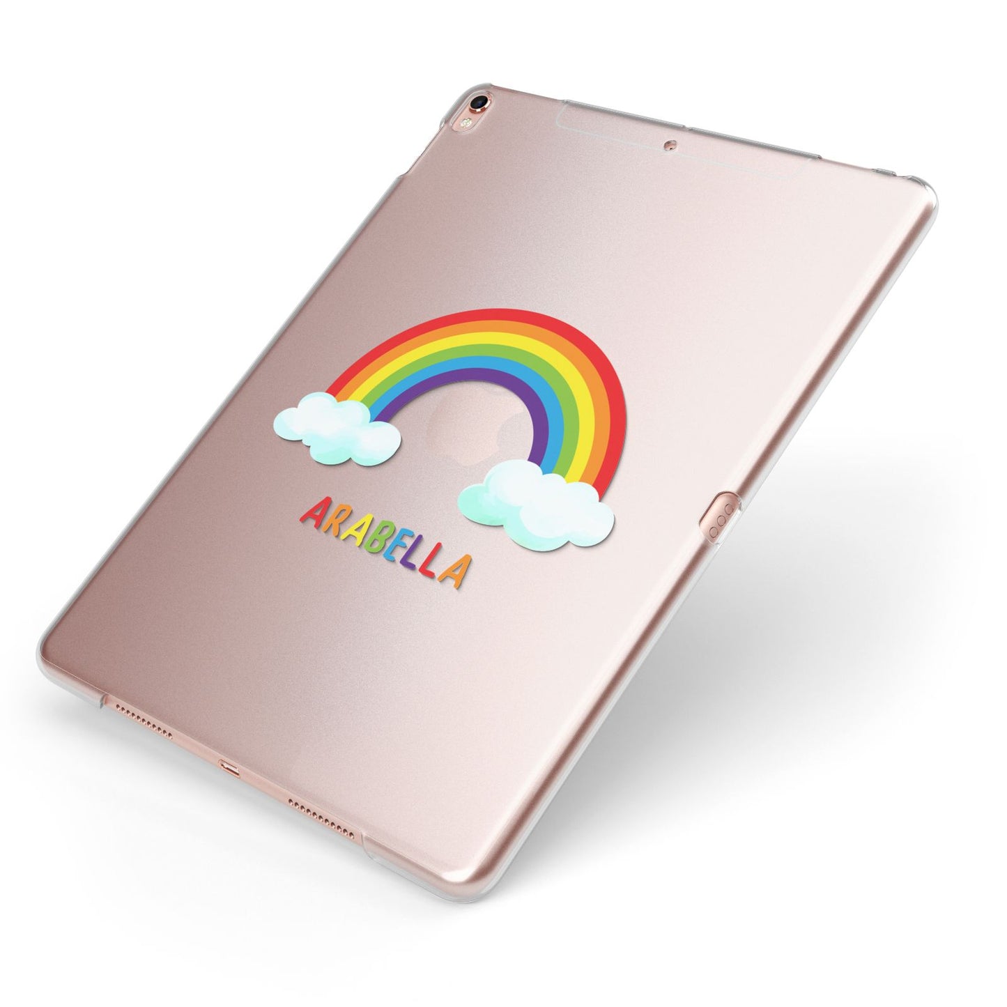 Personalised Rainbow Name Apple iPad Case on Rose Gold iPad Side View