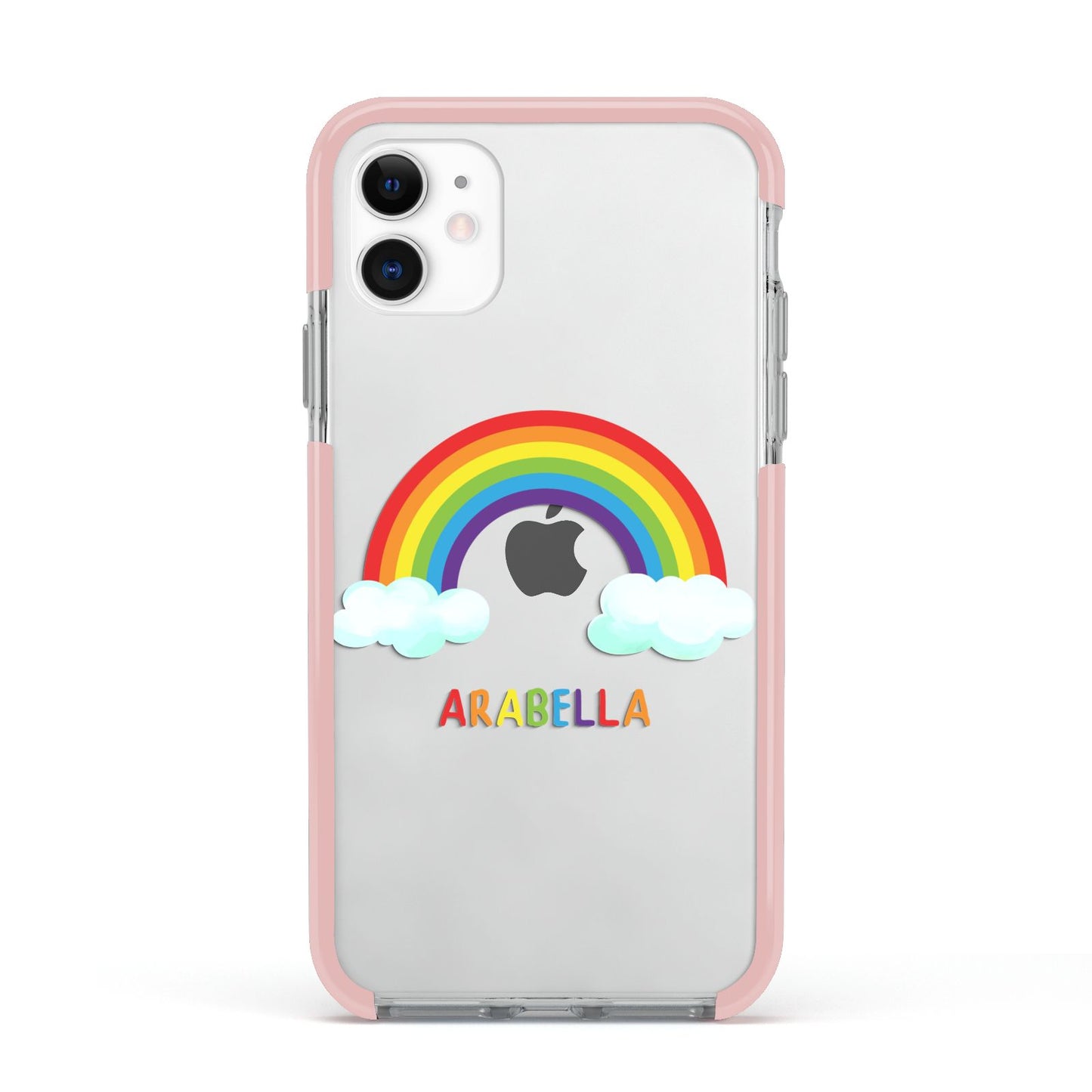 Personalised Rainbow Name Apple iPhone 11 in White with Pink Impact Case