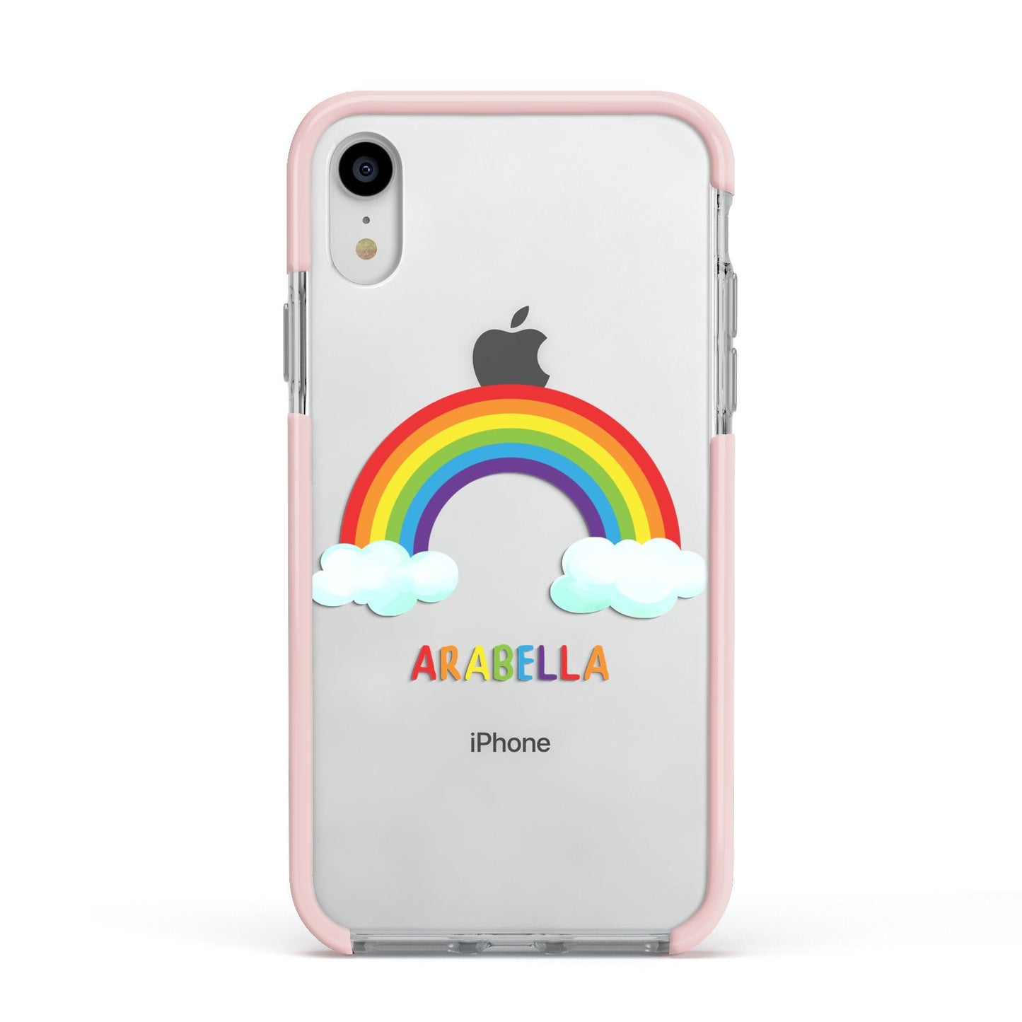 Personalised Rainbow Name Apple iPhone XR Impact Case Pink Edge on Silver Phone