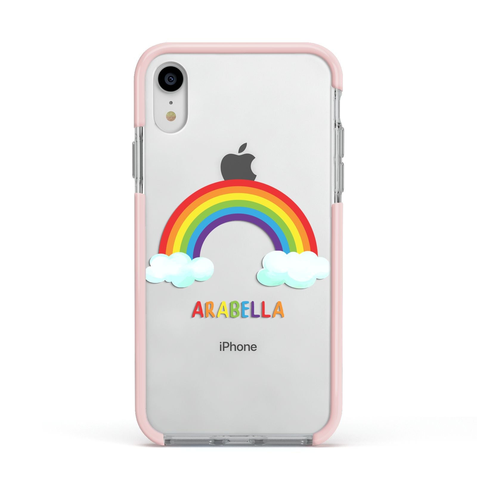 Personalised Rainbow Name Apple iPhone XR Impact Case Pink Edge on Silver Phone