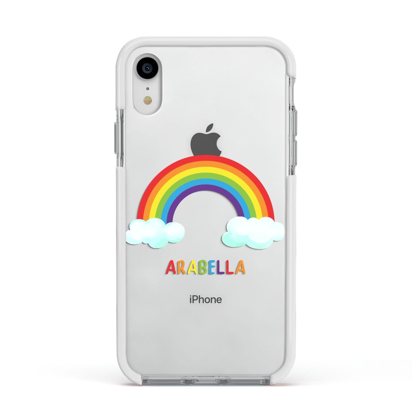 Personalised Rainbow Name Apple iPhone XR Impact Case White Edge on Silver Phone