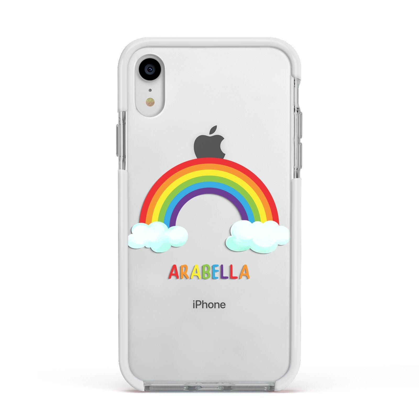 Personalised Rainbow Name Apple iPhone XR Impact Case White Edge on Silver Phone