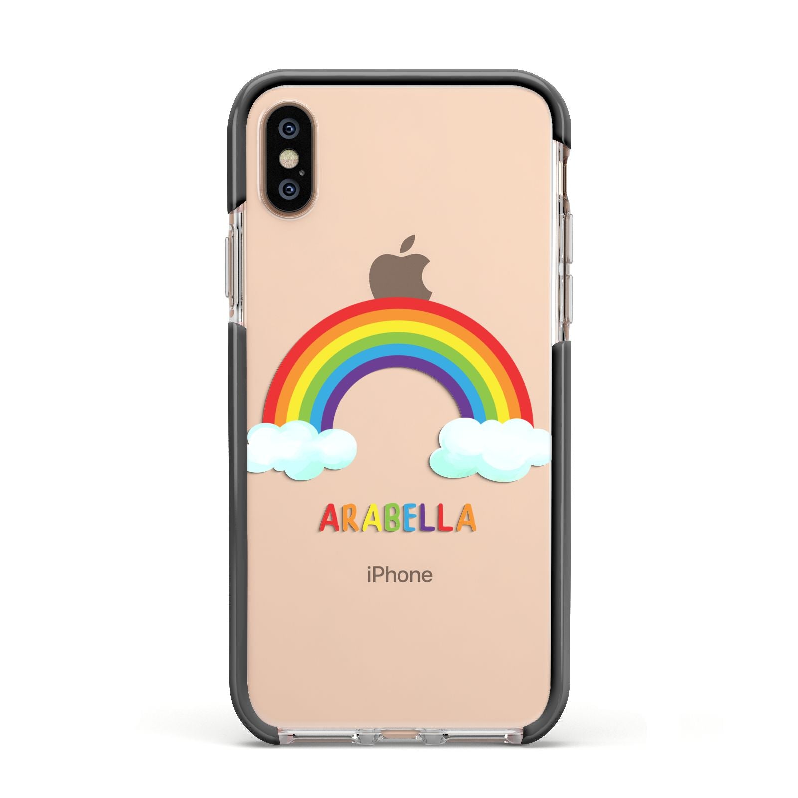 Personalised Rainbow Name Apple iPhone Xs Impact Case Black Edge on Gold Phone