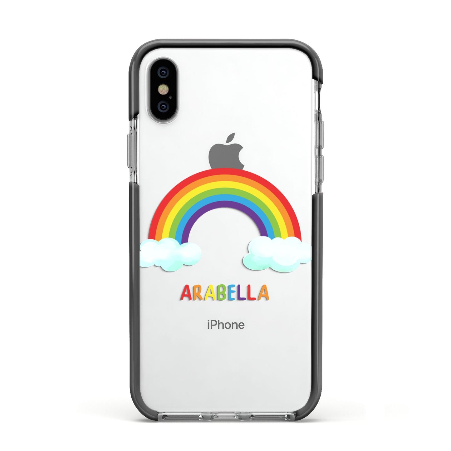 Personalised Rainbow Name Apple iPhone Xs Impact Case Black Edge on Silver Phone