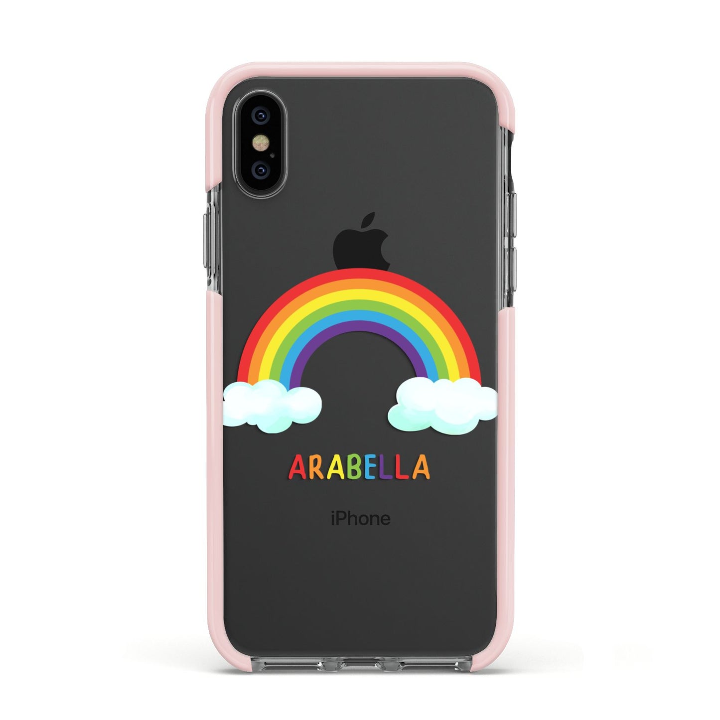 Personalised Rainbow Name Apple iPhone Xs Impact Case Pink Edge on Black Phone