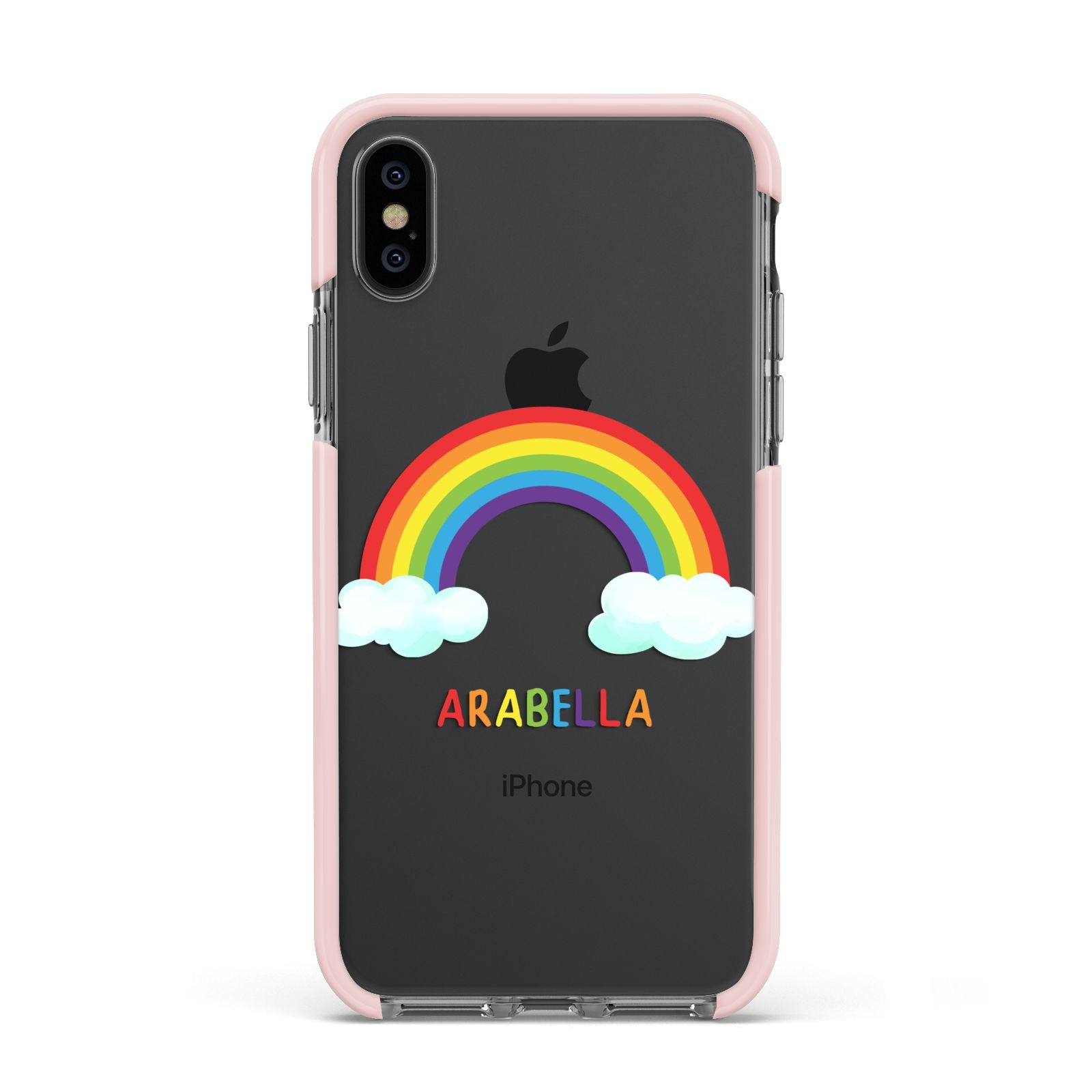 Personalised Rainbow Name Apple iPhone Xs Impact Case Pink Edge on Black Phone